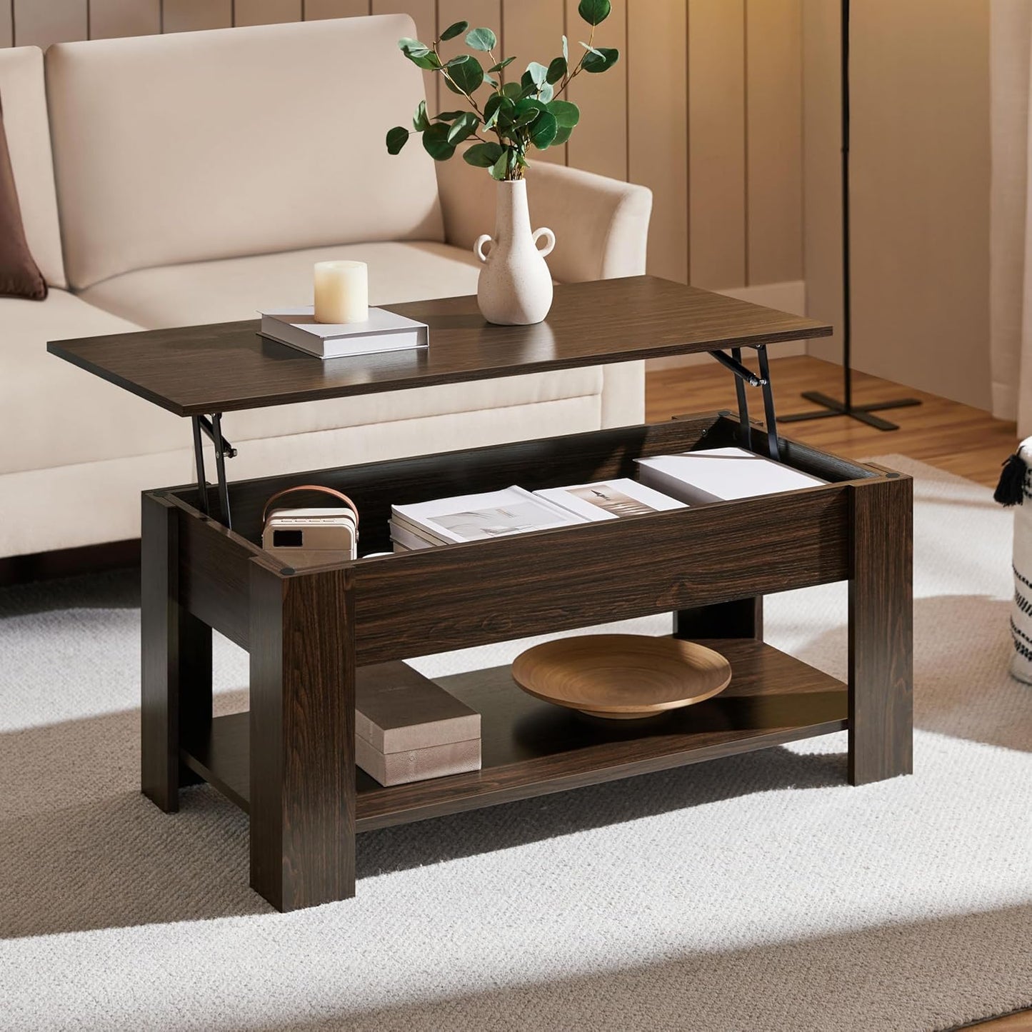 Table basse Yaheetech avec plateau réglable en hauteur - Espace de rangement dissimulé - Marron - 98 x 50 x 42-56 cm