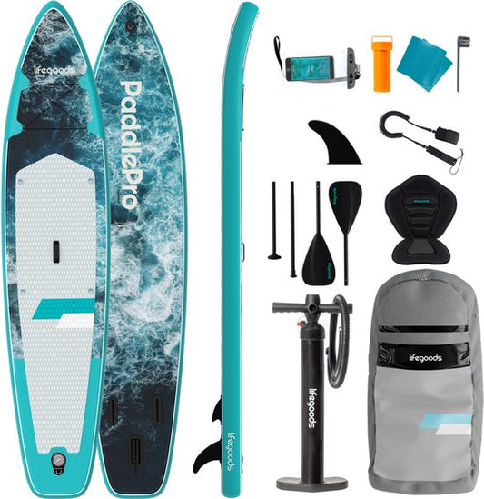 Planche de SUP LifeGoods Touring - avec siège - capacité de charge de 165 kg - 365 x 76 cm - gonflable - kit SUP complet - bleu foncé