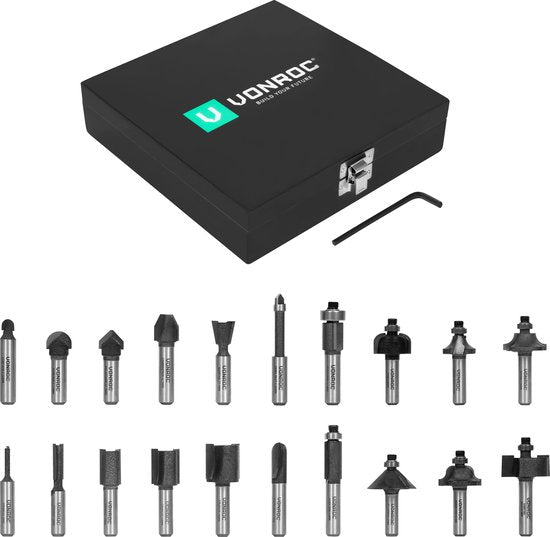 VONROC router set / Top milling set - Top quality YT9 steel - 8mm tool holder | 20 pcs in deluxe case