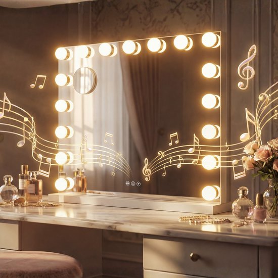Miroir Bayt Hollywood - Miroir de maquillage - Miroir - Miroir Hollywood 80 x 60 - Intensité réglable - Grossissement 10x - Avec éclairage et Bluetooth - Port USB - 80 x 60 - Blanc