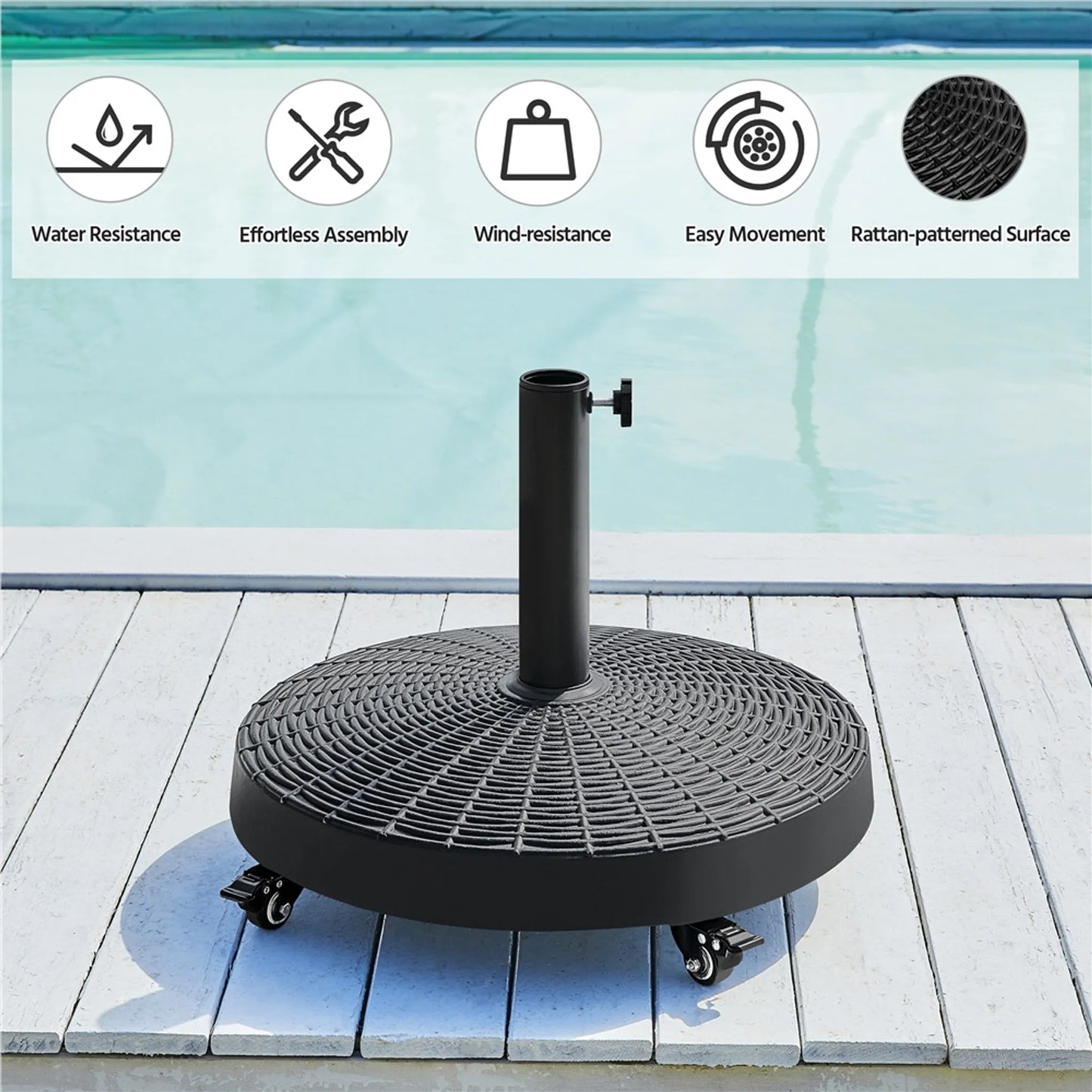 Yaheetech Base de parasol sur roues 24 kg - Avec 4 roulettes avec frein et deux adaptateurs pour Ø 38 mm et Ø 48 mm - Pour terrasse et jardin - Résine noire et métal - 52 x 52 x 42 cm