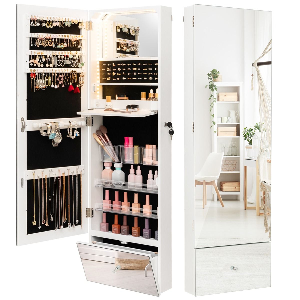 Coast Armoire à bijoux - avec miroir - éclairage LED - 120 x 37 x 11 cm - Blanc
