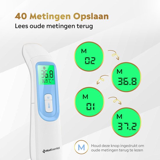 MostEssential Premium Thermomètre de fièvre - Thermomètre auriculaire - Thermomètre infrarouge - Thermomètre frontal - Thermomètre corporel - Thermomètre de fièvre pour adultes, enfants et bébés - Sans contact - 20D