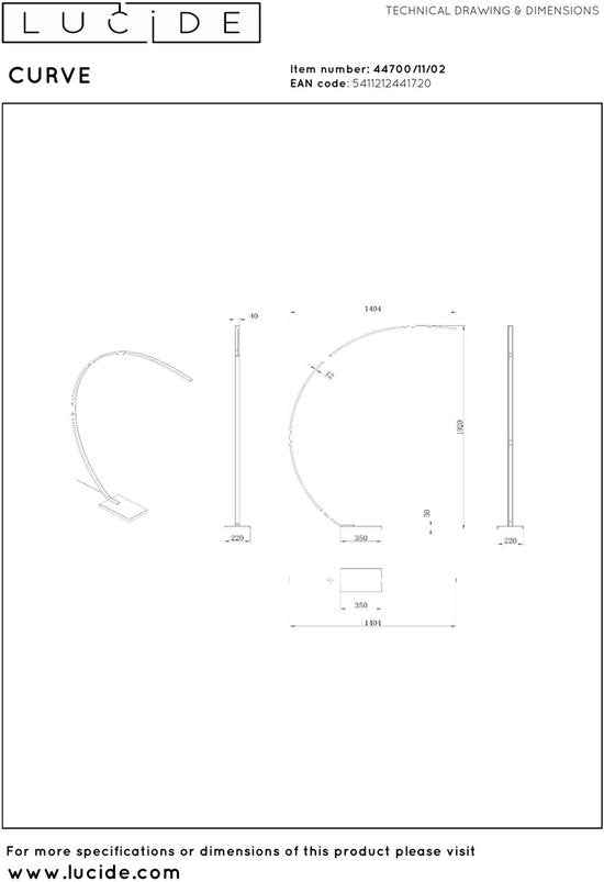Lucide CURVE - Lampe arquée - LED à intensité variable - 1x15 W 2700 K - Or mat / Laiton