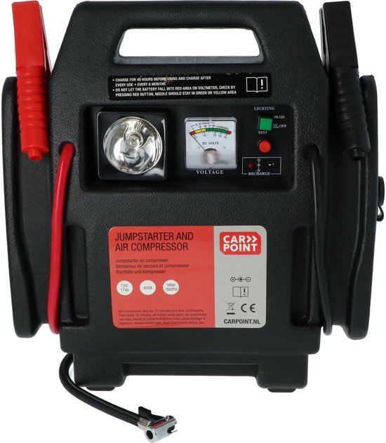 Carpoint Jumpstarter - 12 Volt - Avec compresseur d'air - Puissance de pointe 400A - Chargement avec adaptateur 230 Volt ou 12 Volt - Pression maximale du compresseur 18 BAR/260 PSI - Eclairage LED intégré - Dimensions 365x345x175mm