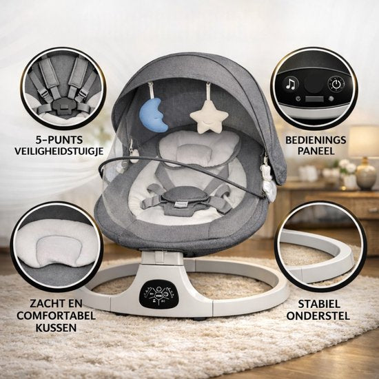 Oemmie Berceuse électrique - Balançoire pour bébé - Berceuse pour bébé - Fonction bluetooth et télécommande incluses - 5 positions de balancement - Gris