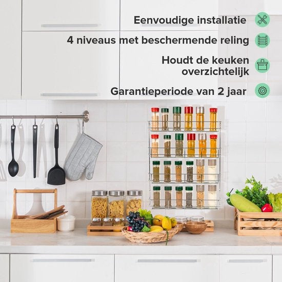 Coninx Spice Rack Metal - Suspendable - pour 32 pots à épices - 4 niveaux de rangement - 405x60x500mm - Chrome