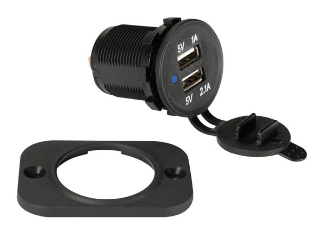 Chargeur USB - À encastrer - Double - 12-24 V - Résistant aux éclaboussures - Protection contre les courts-circuits - Noir