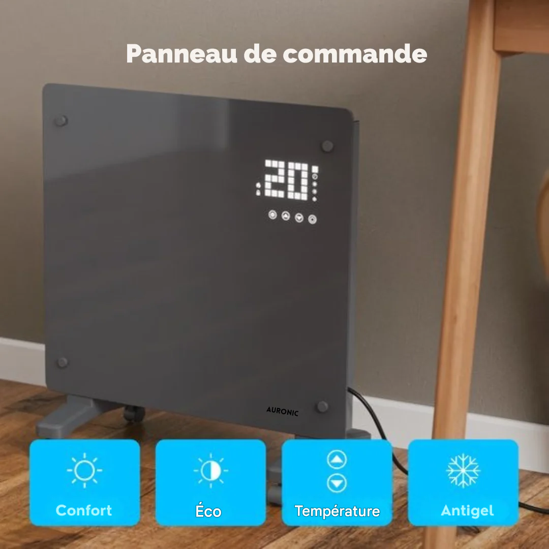 Radiateur électrique Auronic - Radiateur à convection avec thermostat et télécommande - Radiateur à panneau en verre - Radiateur 1000 W - Gris