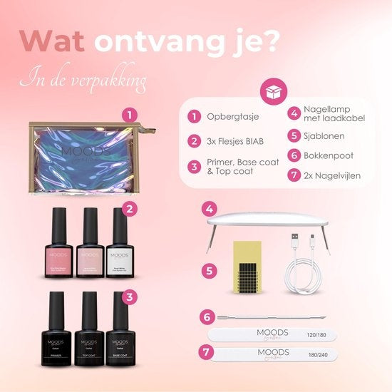 Moods Gellac BIAB Starter Pack - Milky Pink - Builder in a Bottle - Vernis à ongles BIAB - Comprend une lampe UV/LED, un bâton, une lime à ongles, un primer, une base et un top coat.