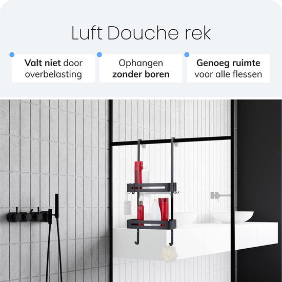 Support de douche - Télescopique, suspendu et suspendu sans perçage - 2 couches avec crochets - Noir - Luft