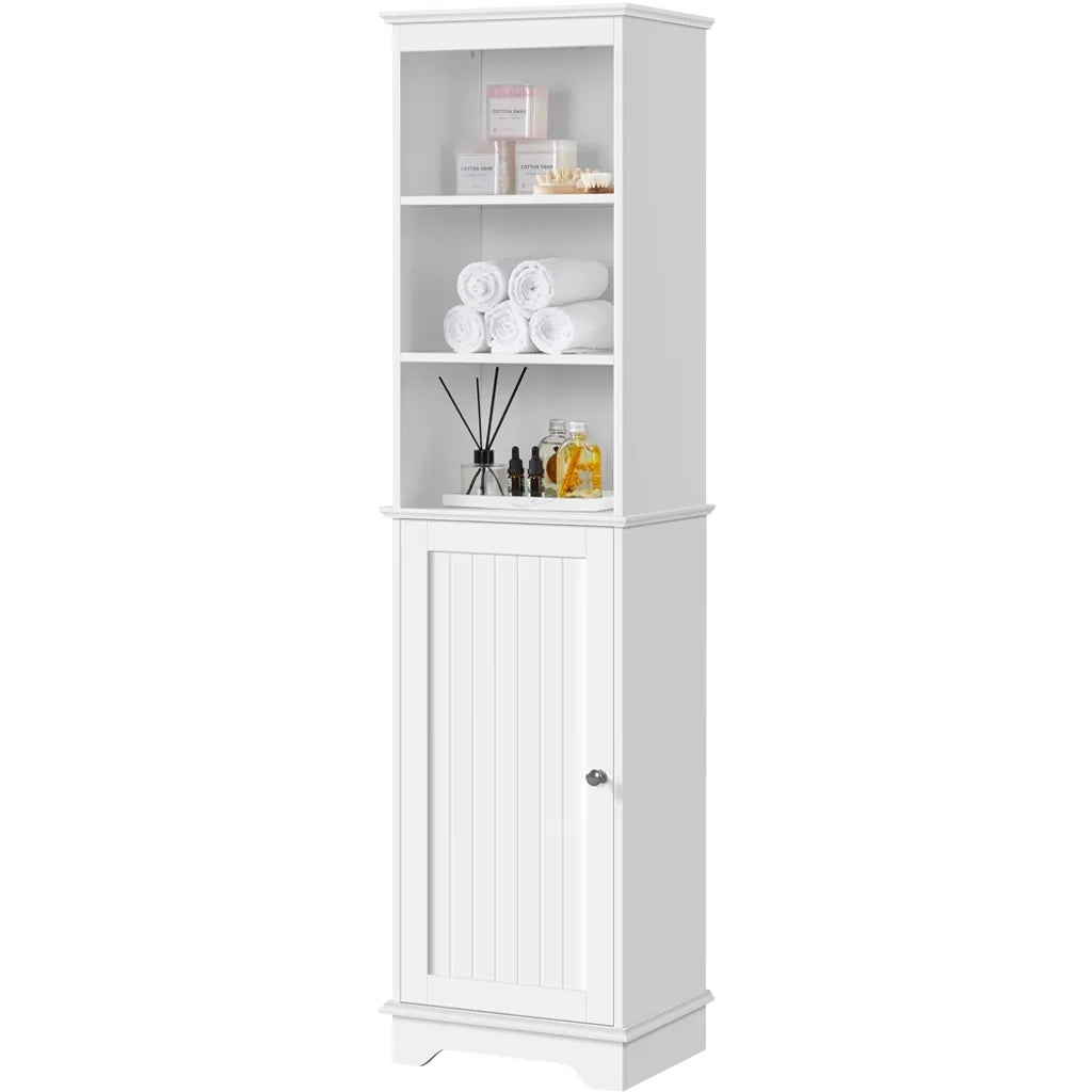 Armoire de salle de bains Yaheetech 40 x 30 x 153 cm - Blanche - Armoire de rangement haute avec 3 étagères ouvertes et une étagère réglable