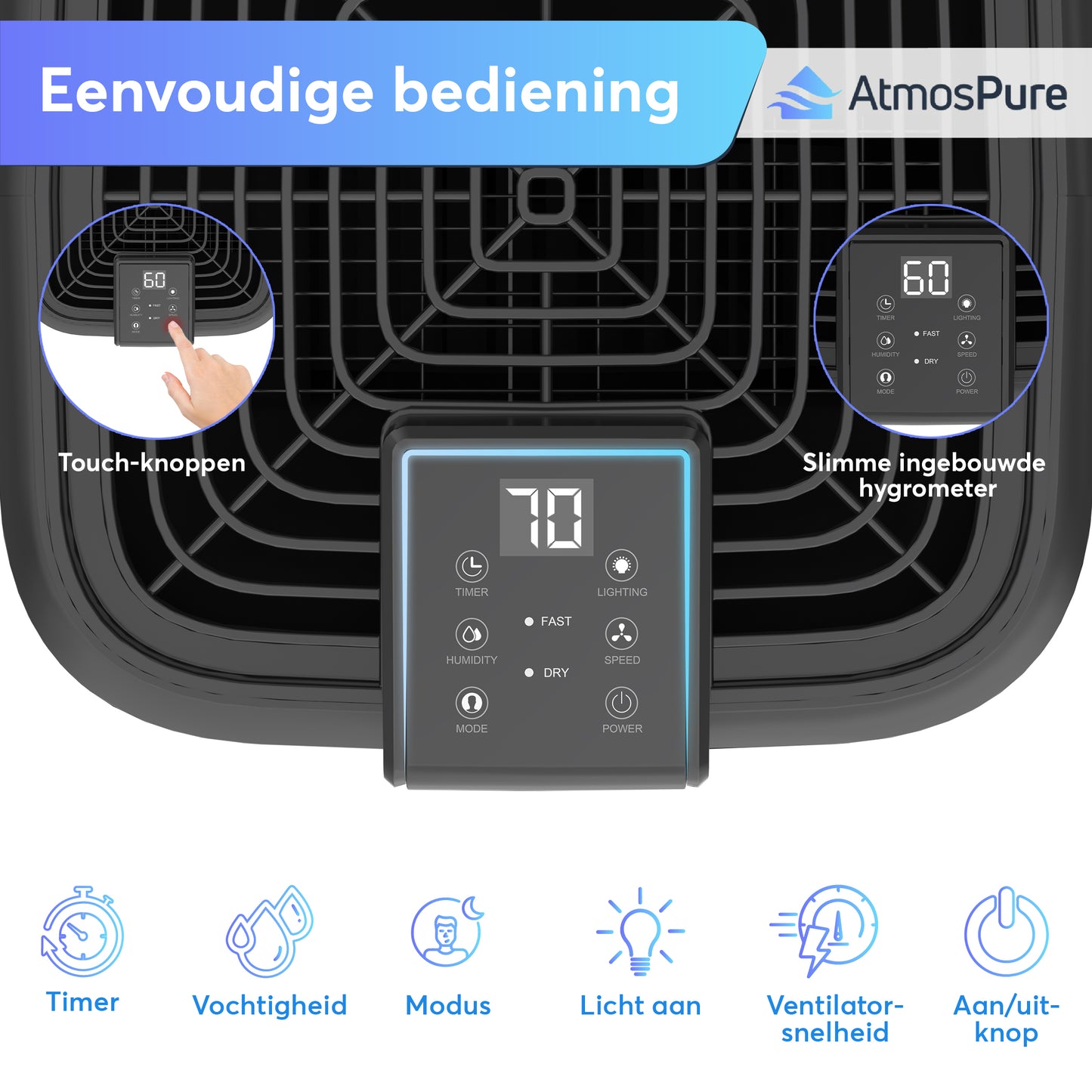 Déshumidificateur AtmosPure® AirDry Elite - 12L par jour - Fonction Lavage-Séchage - Purificateur d'air parfait pour la buanderie, la salle de bain, le salon et la cave - Noir - Déshumidificateur