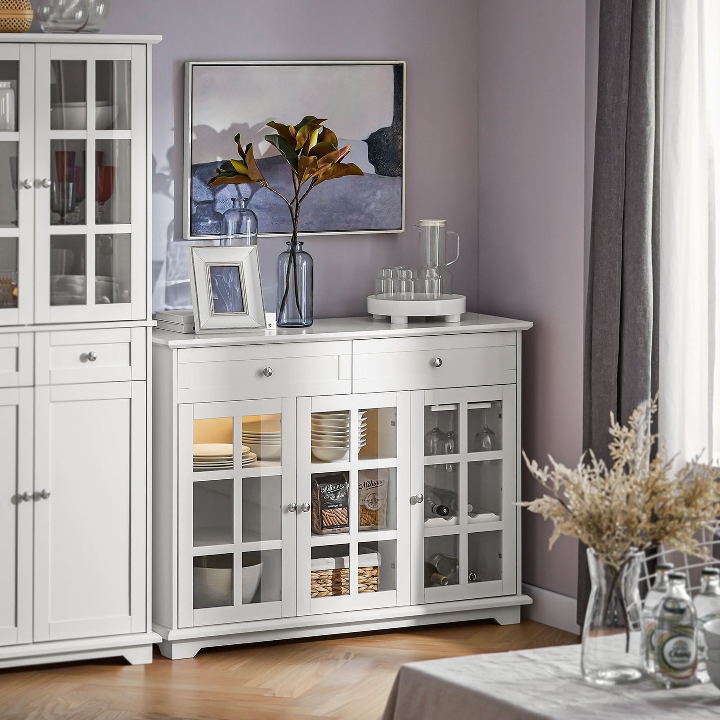 SoBuy Meuble de cuisine Buffet Meuble de rangement latéral avec 3 portes en verre et 2 tiroirs, 90x40x90 cm, blanc