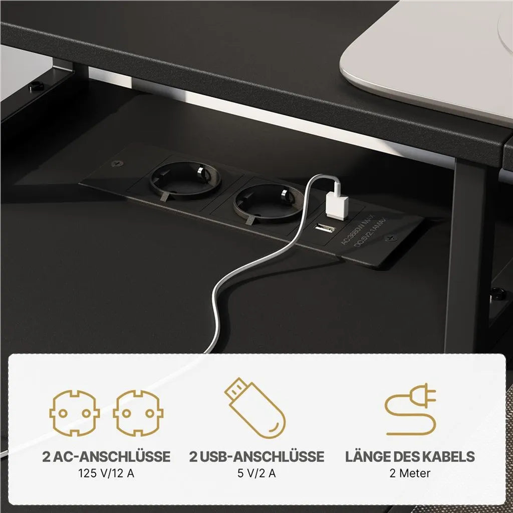 Yaheetech Bureau en L 140 × 68 × 87 cm - Noir - Bureau de jeu avec station de recharge, support d'écran et espace de rangement