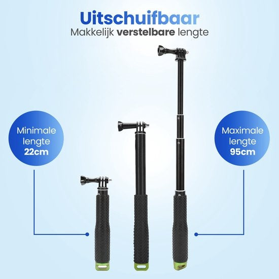 Garpex® Universal Selfie Stick XL - extensible jusqu'à 95 cm - convient à diverses caméras d'action - universel - étanche - vert