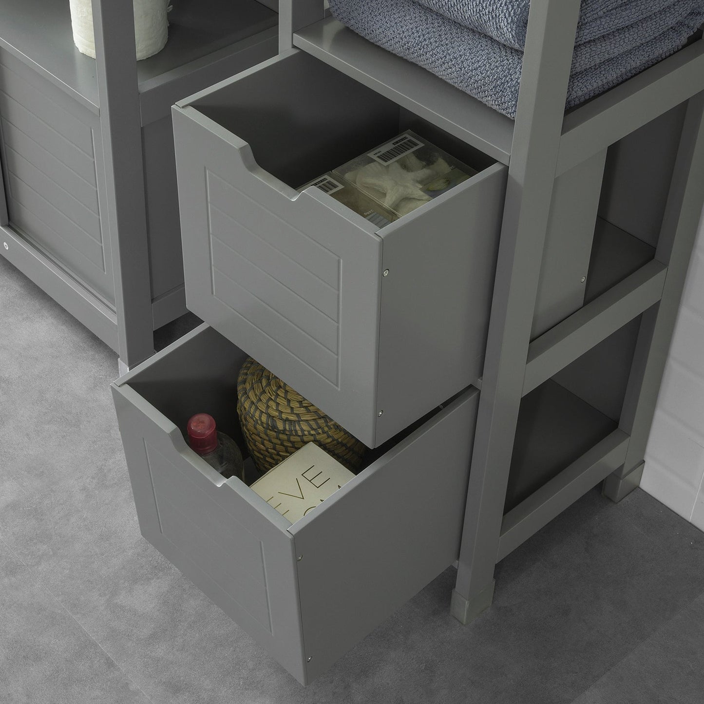 SoBuy Meuble de salle de bain haut avec repose-pieds - 2 tiroirs - Gris - 30x30x145cm