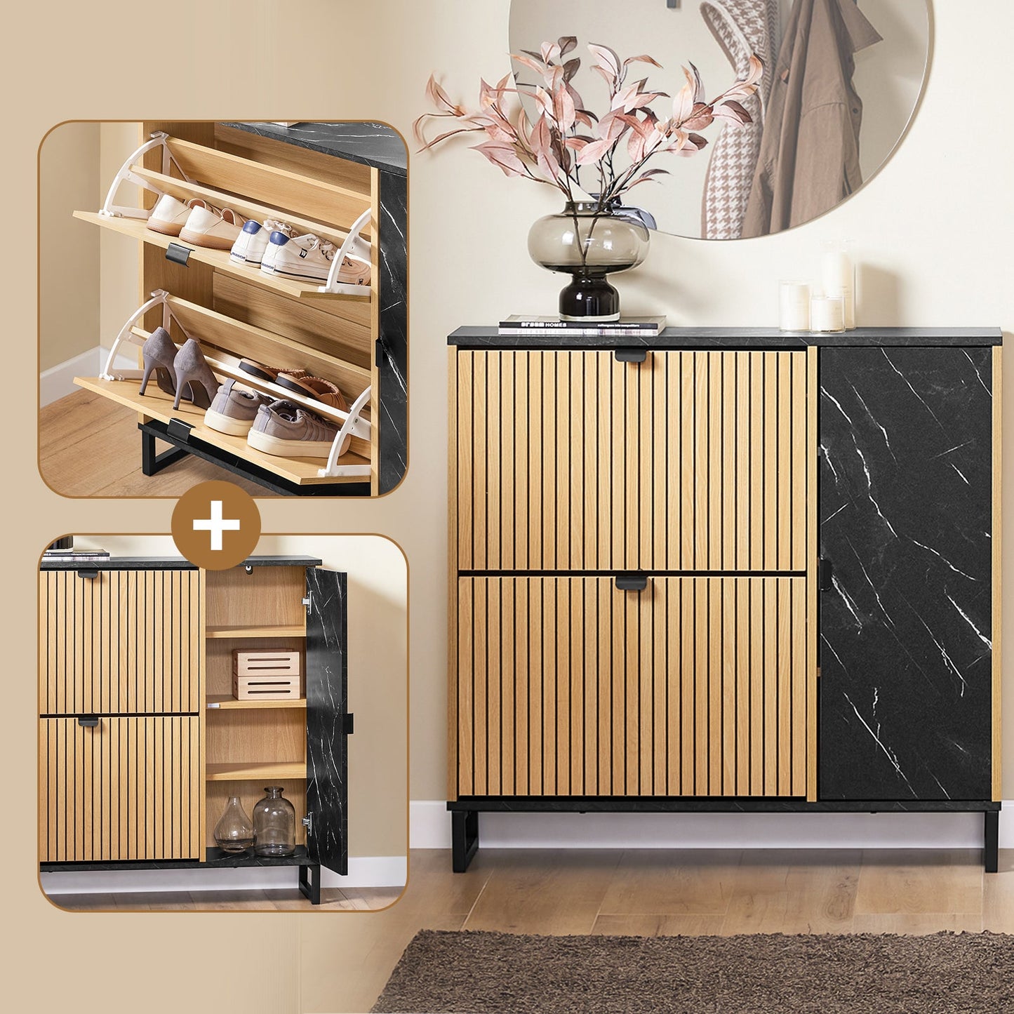 SoBuy FSR203-N Meuble à chaussures pour entrée étroite, 2 abattants et porte latérale, design scandinave, compact, noir et bois clair, 90 x 24 x 88 cm