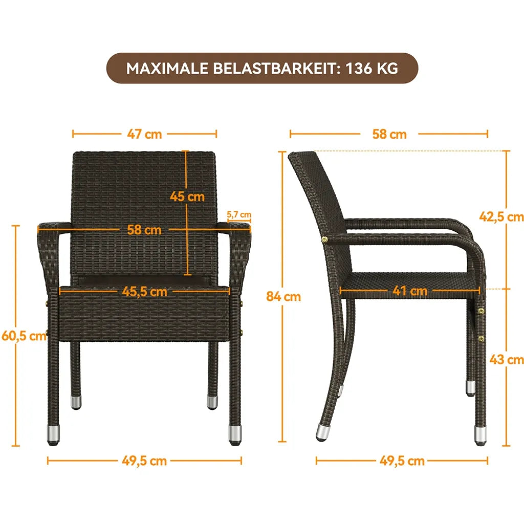 Yaheetech Chaises de jardin - 2 pièces - en rotin - empilables - avec accoudoirs - pieds réglables - marron