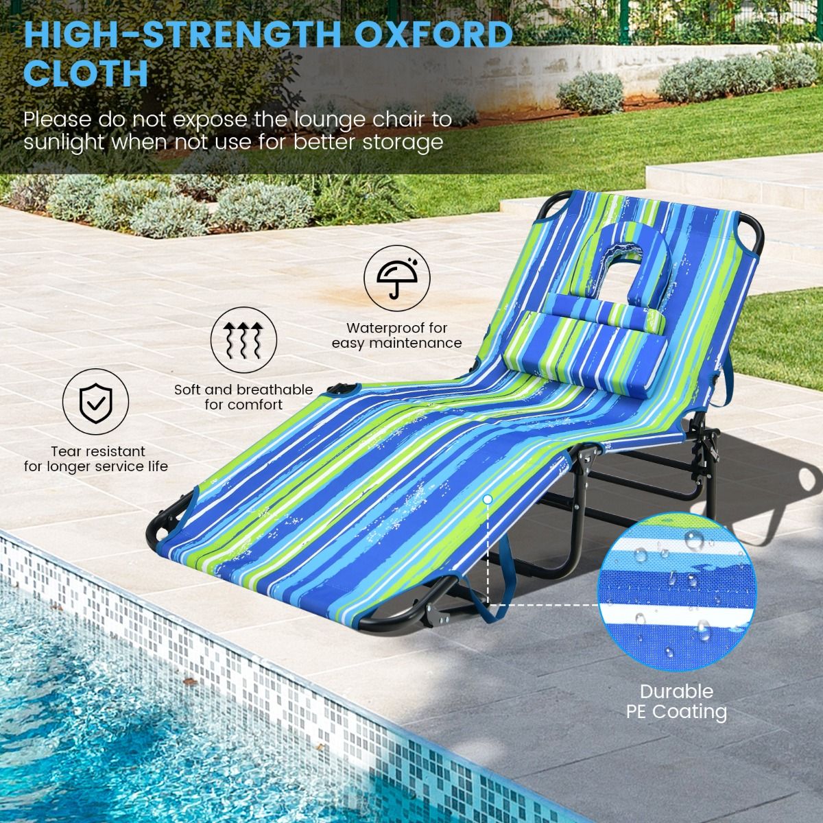 Chaise longue pliable avec ouverture au niveau du visage - Noir/Bleu/Couleur sable - 4 positions d'inclinaison - 160 kg - Avec 3 coussins