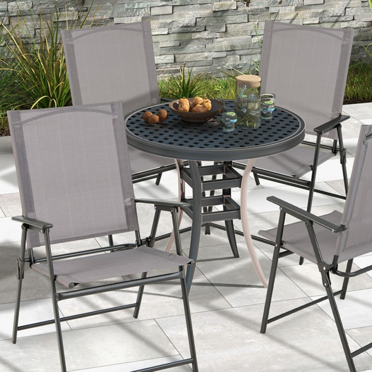 Lot de 4 chaises de jardin pliantes Coast - dossier haut - ergonomiques - grises
