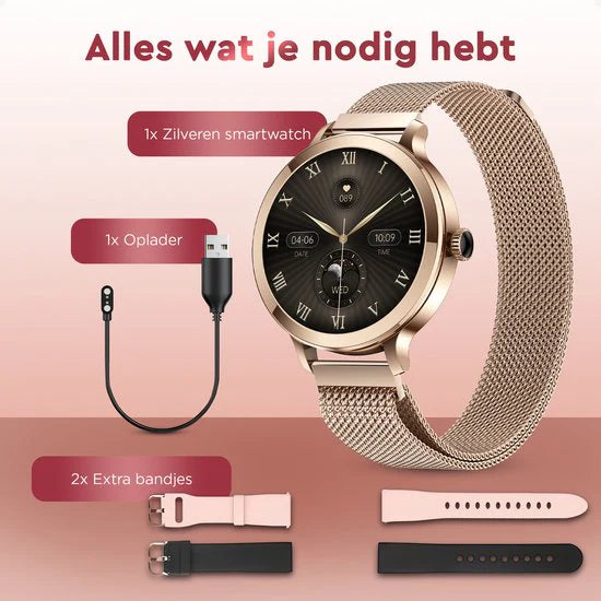 Golden Sound AMOLED Smartwatch Ladies - 3 bracelets supplémentaires - Convient à tout ordinateur portable et smartphone - Podomètre - Moniteur de sommeil - Moniteur de saturation - 40mm