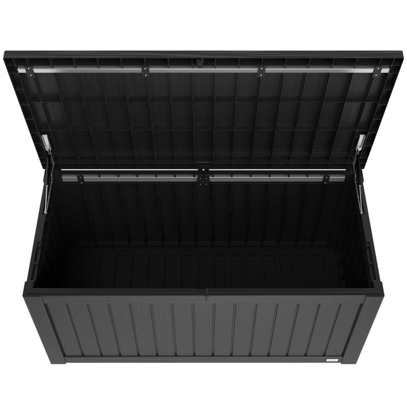 LifeGoods - Boîte de rangement Boîte à coussins M - 142 x 67 x 60 cm - Capacité de 450 litres - Ressort à gaz de luxe et poignées intégrées - Pour set de salon et outils de jardin - Plastique noir