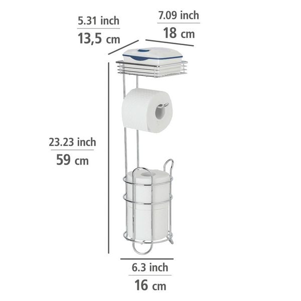 Porte-rouleau de papier toilette sur pied, chromé - Avec tablette et support pour rouleau de rechange