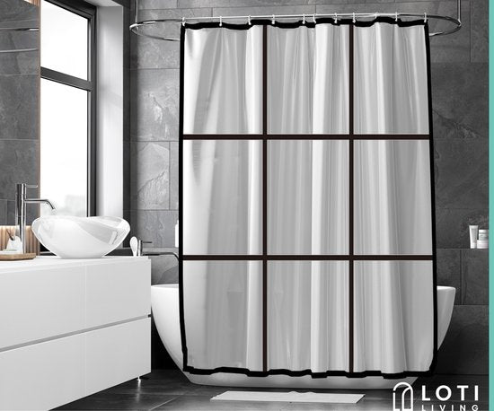 Loti Living Rideau de douche anti-moisissure - Noir transparent mat - Anneaux inclus - Imperméable - PEVA - Rideau de douche 180x200 cm