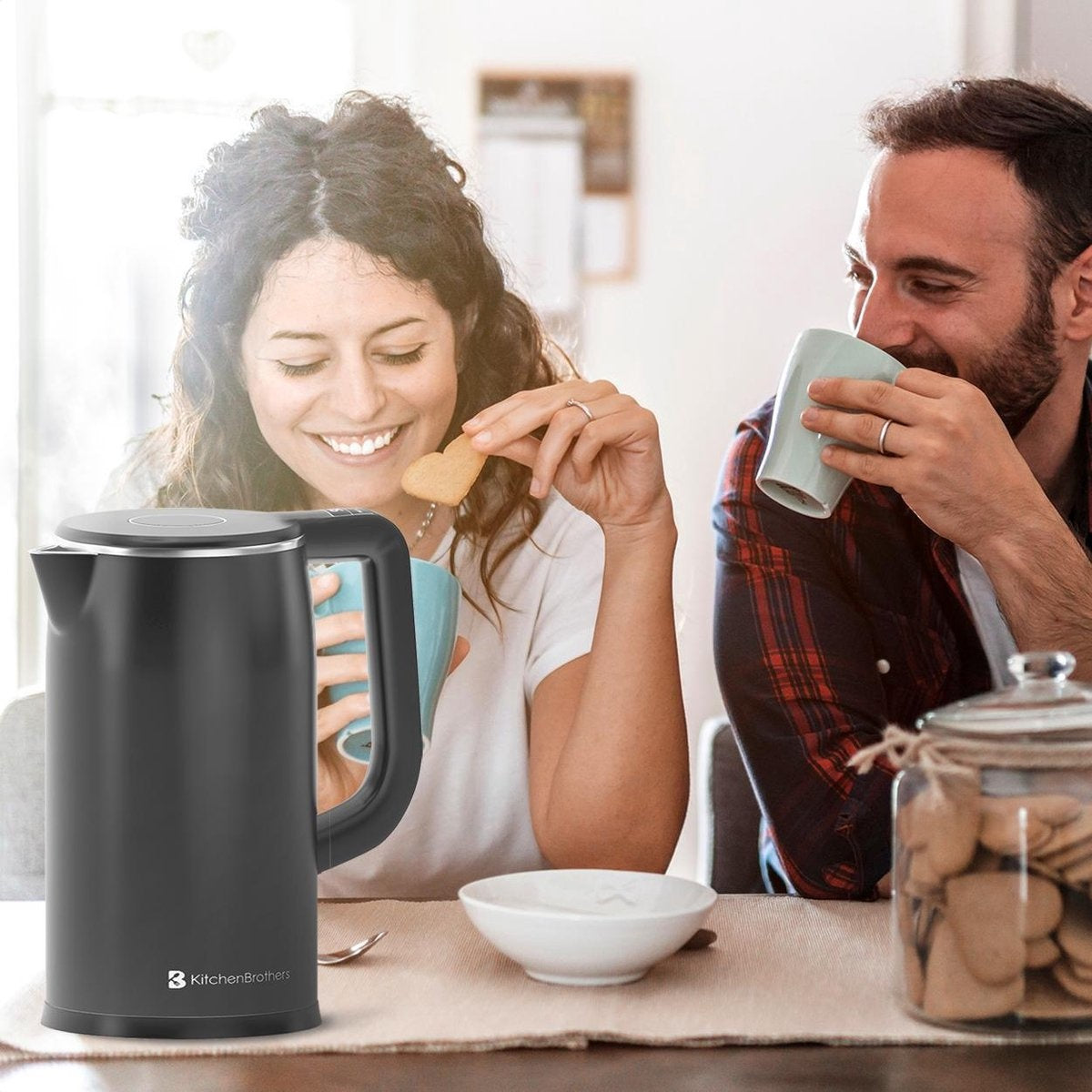 Bouilloire électrique 1.7L - KitchenBrothers - Avec contrôle de la température - 1800W - acier inoxydable - Noir
