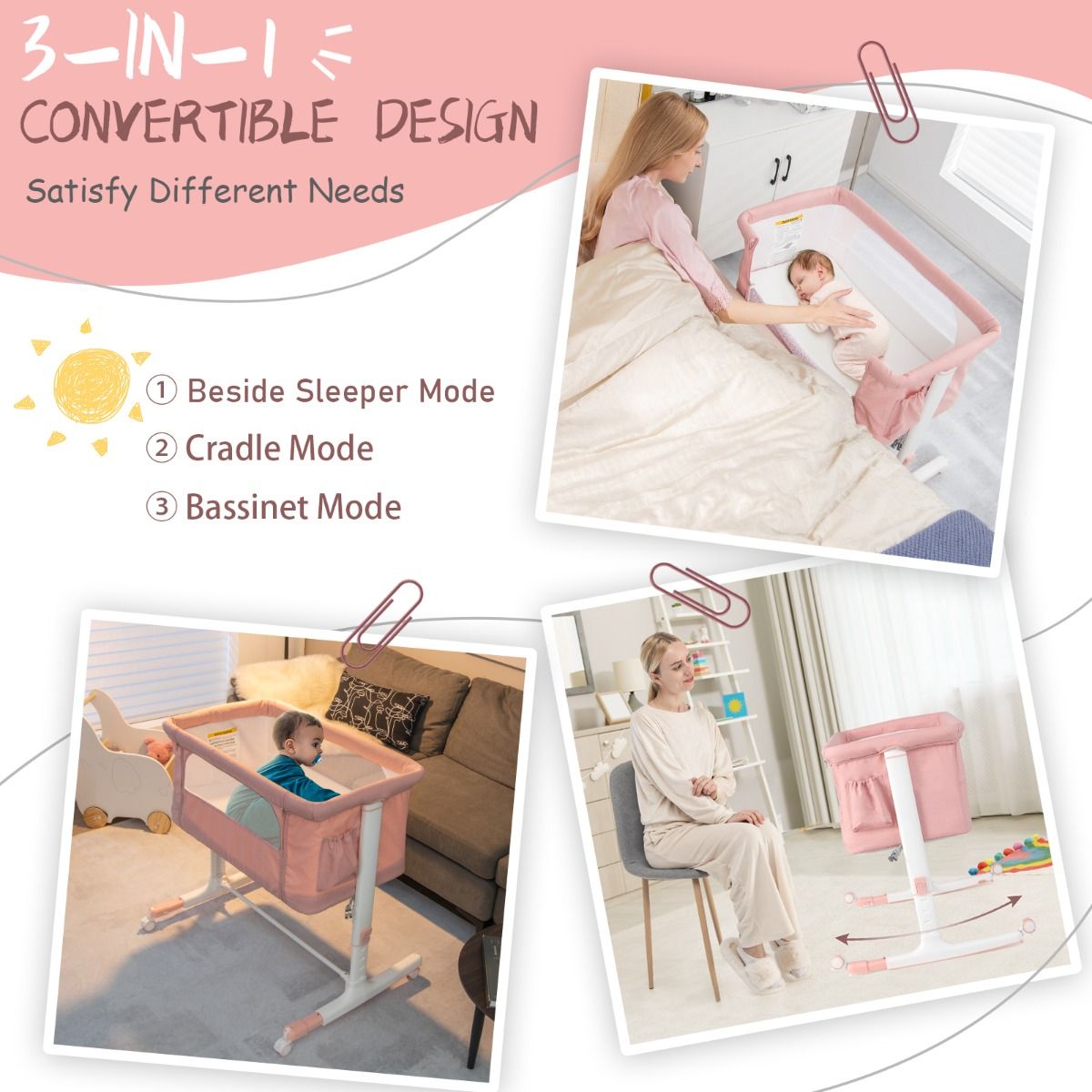 Berceau 3-en-1 Coast - 86x63x65-81 cm - Rose - Ajustable, inclinable et portable avec matelas, sac de rangement et sac de voyage