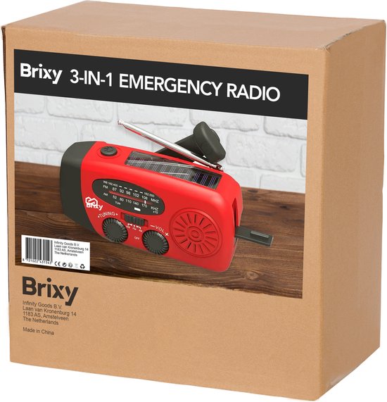 Radio d'urgence Brixy - Radio avec batterie pour les urgences - à remontoir - solaire - lampe de poche - powerbank - rouge