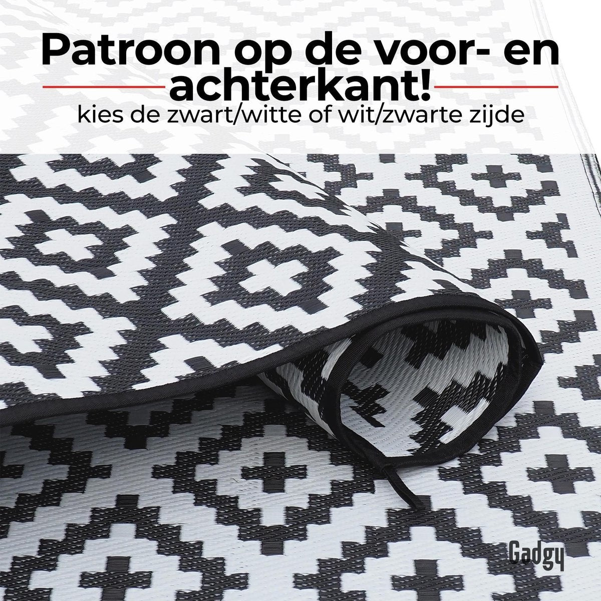 Gadgy Buitenkleed Vloerkleed Buiten XXL - 270x200 cm - Tuintapijt Dubbelzijdig - Picknickkleed Zwart Wit - Buitentapijt