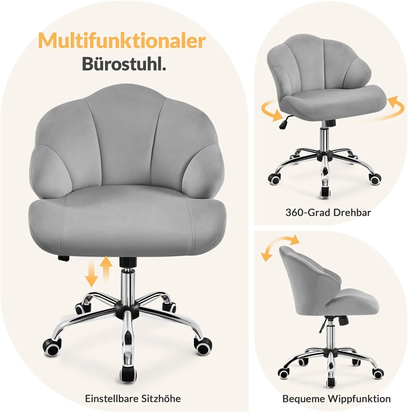 Yaheetech Chaise de bureau en forme de coquillage - avec fonction pivotante, hauteur réglable par vérin à gaz et dossier rembourré - pour le bureau à domicile et la chambre à coucher - polyester blanc et métal - 60 x 60 x 76,5-86 cm
