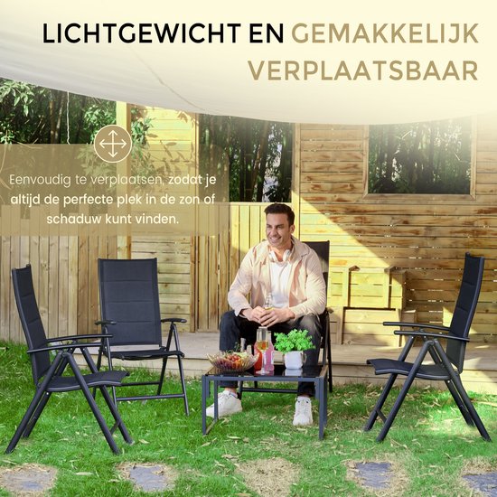O'DADDY® Garden Chairs set of 4 - Chaise de jardin réglable - Design pliable - Chaise pliante - Chaise de camping - 7 pieds - Aluminium & Textile - Noir