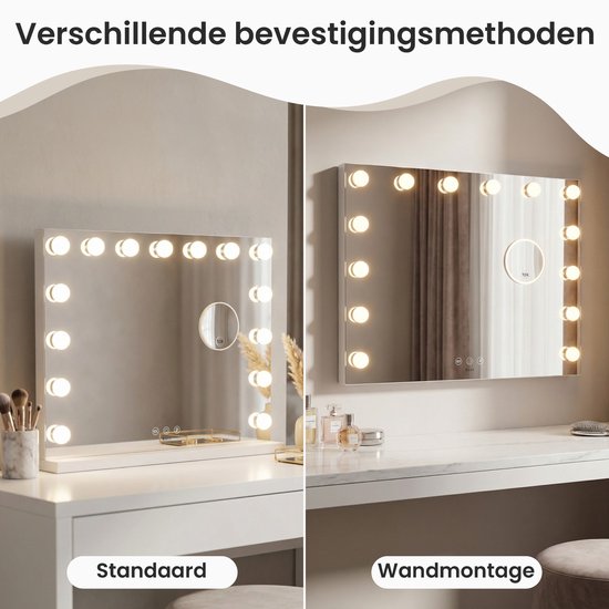 Bayt Hollywood Mirror with Lighting - Miroir de maquillage avec éclairage - Miroir avec éclairage - Dimmable - Grossissement 10x - 58x46cm - Blanc