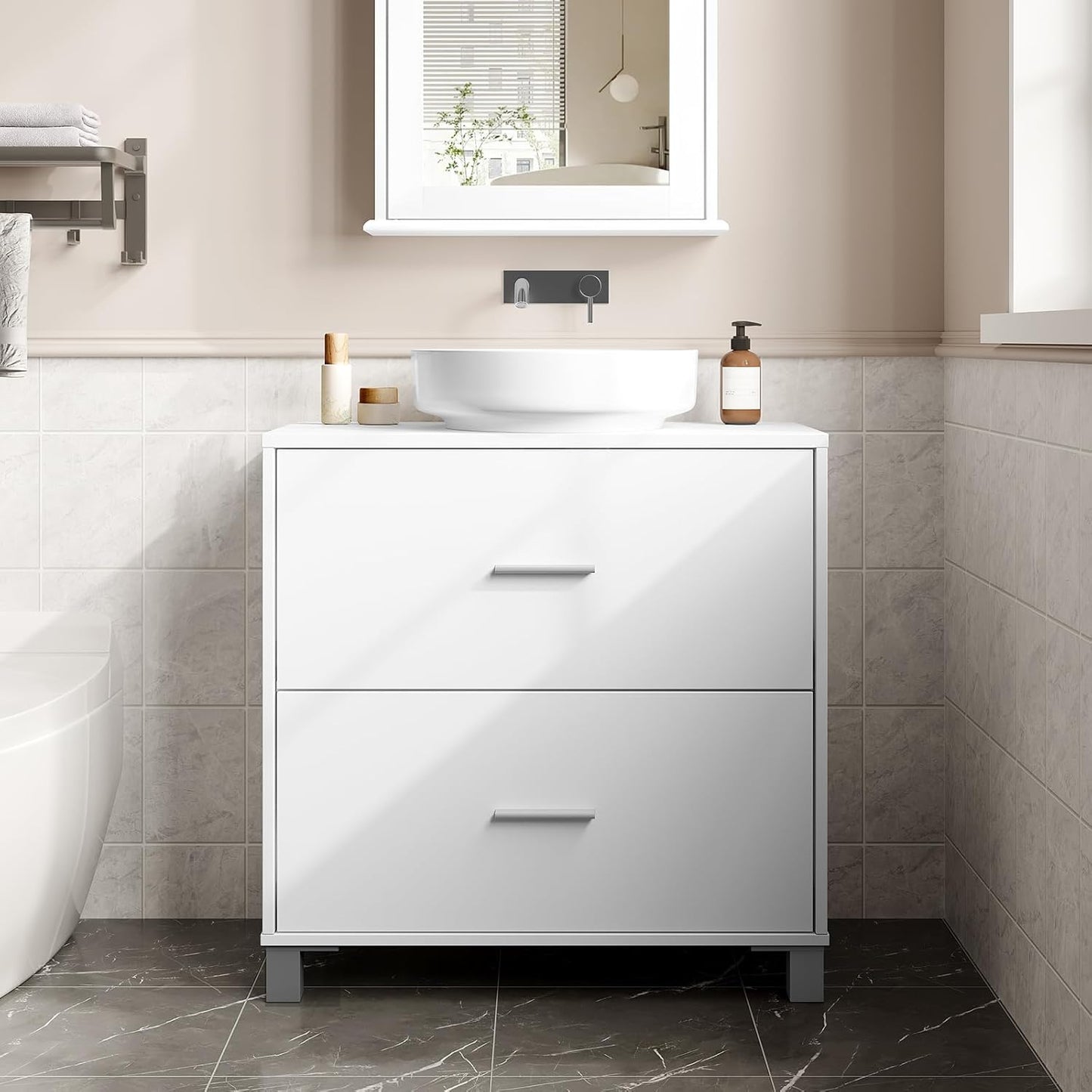 Meuble sous-lavabo eSituro à 2 tiroirs - Meuble de salle de bains avec emplacement pour siphon - Blanc - 60 x 30 x 60 cm