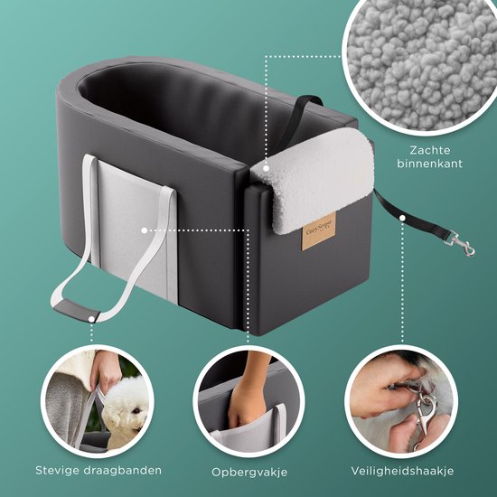 CozySense® Siège auto pour chien - Panier auto pour chien avec housse lavable - Pour petit chien - S'adapte à la console centrale - Sert également de sac de transport - Noir/Gris