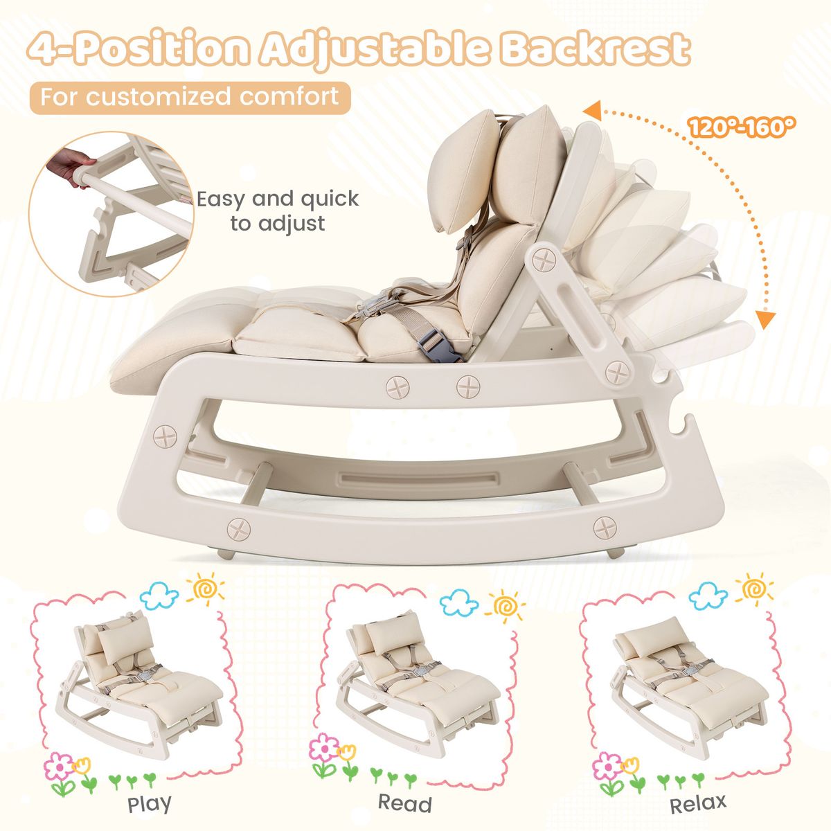Fauteuil à bascule Coast 2-en-1 pour enfants - dossier réglable - coussin d'assise lavable - beige
