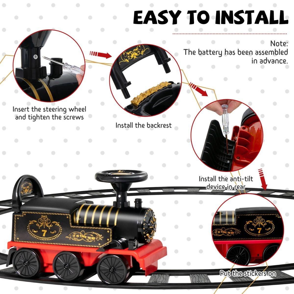 Coast 6V Tirette électrique pour enfants avec 16 rails pour les enfants de 3 ans Schwarz