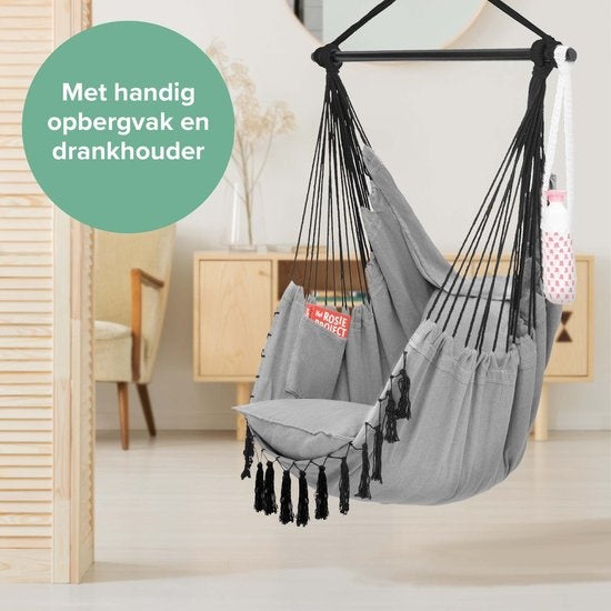 Siège suspendu Vita5 - Hamac Chaise - chaise suspendu - avec 2 coussins - porte-boissons - compartiment pour livres - adultes - enfants - charge maximale 150kg - gris
