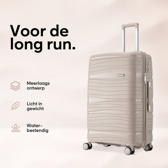 SKYCASES Travel One – Valise de voyage 28 pouces - Serrure à combinaison - 50 x 29 x 77 cm - 98 L - Légère, imperméable et résistante - Grande valise à roulettes XL - Beige