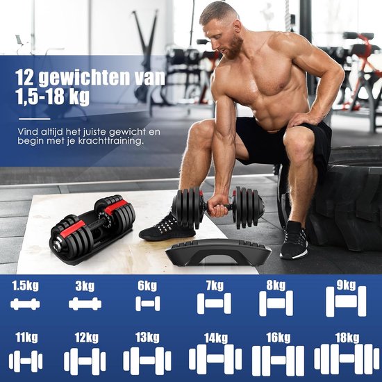 Haltères réglables DH FitLife - 1,5 à 18 kg - Réglage du poids 12 en 1 - Peu encombrants - Pour la musculation à domicile