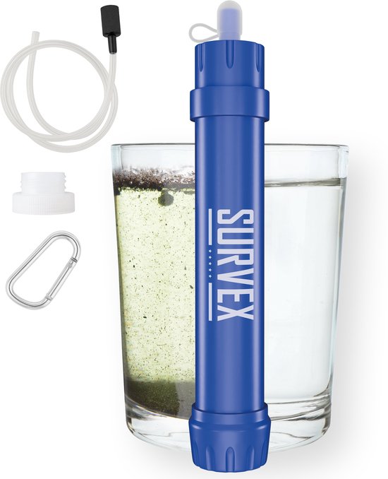 SURVEX Personal Water Filter Straw XL 4000L - Unique KDF-55 Filter - Water Filter Survival & Outdoor - BPA-free - Emergency Kit for Home - Complete Set Water Purifier - Drinking Bottle Water Purification Outdoor - Survival Kit - Blue