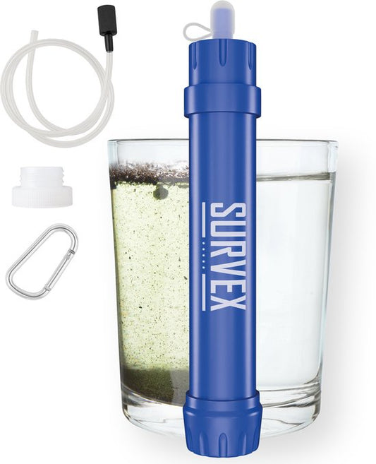 SURVEX Personal Water Filter Straw XL 4000L - Unique KDF-55 Filter - Water Filter Survival & Outdoor - BPA-free - Emergency Kit for Home - Complete Set Water Purifier - Drinking Bottle Water Purification Outdoor - Survival Kit - Blue