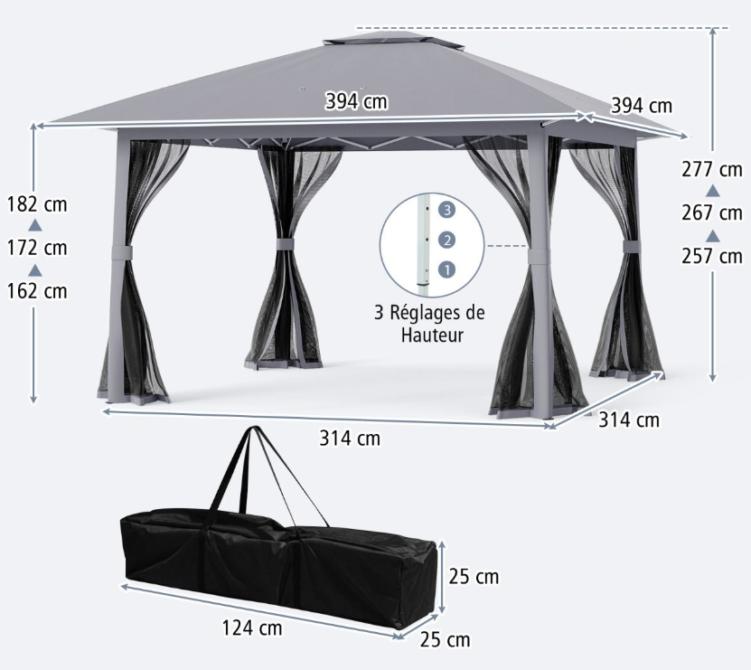 Coast - Pop-Up Gazebo / Tente de réception pliante - Double toit, moustiquaire, montage rapide - 394 x 394 x 277 cm - Tissu Oxford/Métal - Gris