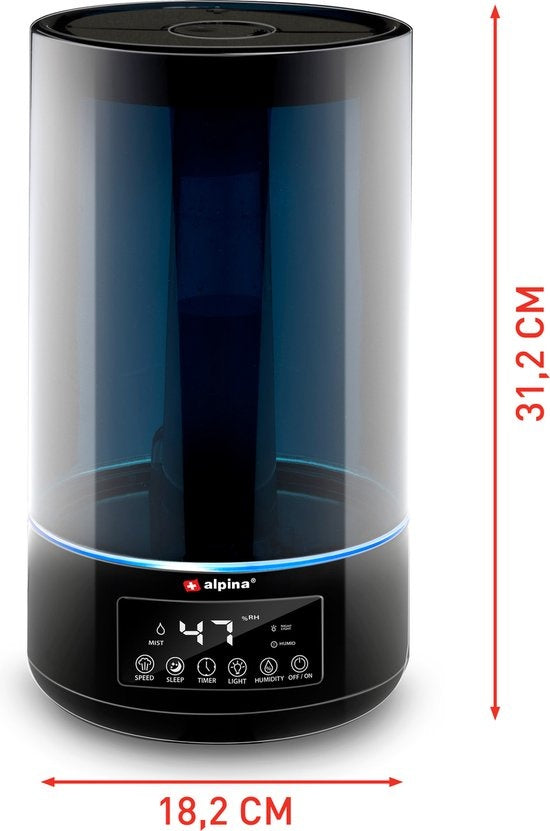 alpina Humidificateur 4.3L - Humidificateur - Diffuseur d'arômes avec minuterie - Télécommande - Noir