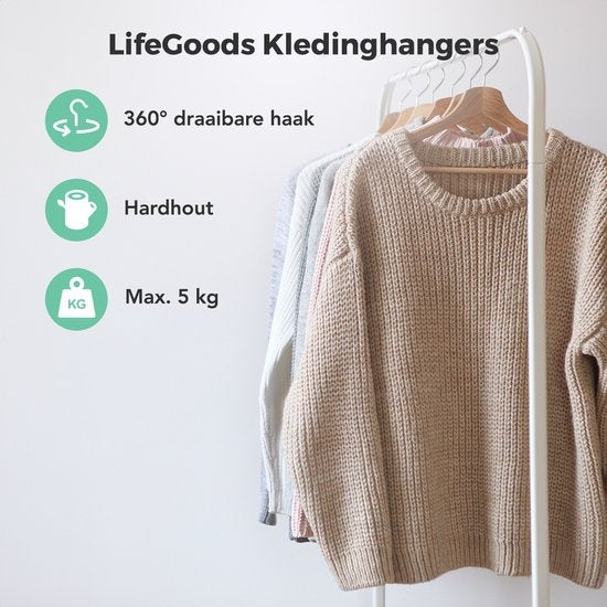LifeGoods Cintres - Avec barre de pantalon - Bois dur - Naturel - 30 pièces