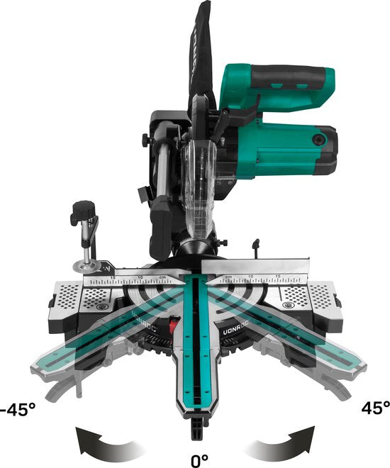 VONROC Tronçonneuse compacte - scie d'abattage - scie à onglet 2200W - Ø216mm - 5200 /min - Bras d'onglet amovible - Fonction de traction - Rallonges de table réglables - Inclinable (0-45°) - Butée de longueur - Contrôle de profondeur - Laser & LED - Lame