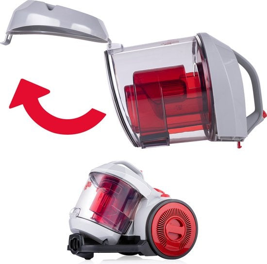 Aspirateur sans sac Dirt Devil - V8221 - 800W - Filtre HEPA 12 - Portée de 7.5M - avec brosse combinée, Kierzuugmond et accessoire pour meubles - 4.3KG - Boîte de récupération de la poussière 2.2L - Gris/Rouge